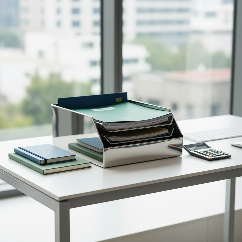 Image Description: A photograph of an office desk with a white surface and silver table legs and a window in the backgroun...