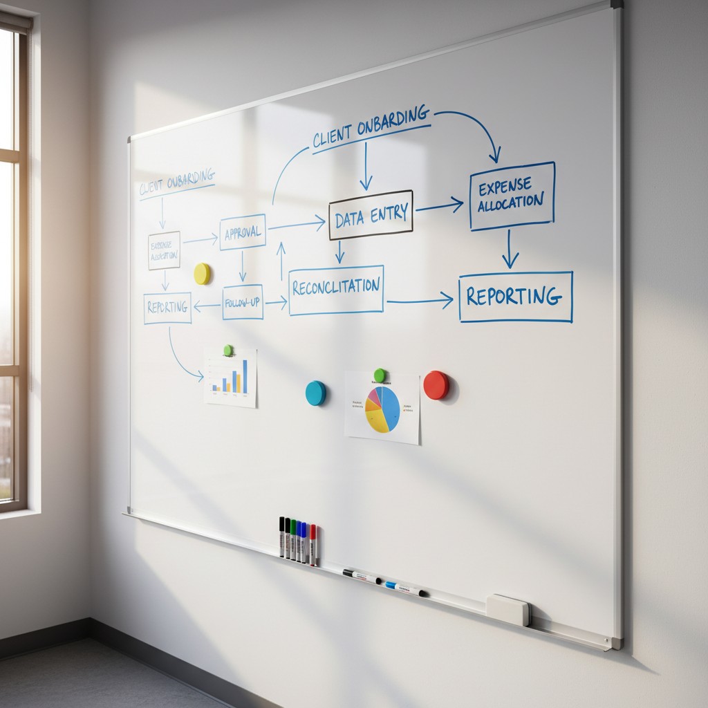 A whiteboard with a flowchart illustrating the process of data entry and reporting, featuring various steps and processes....